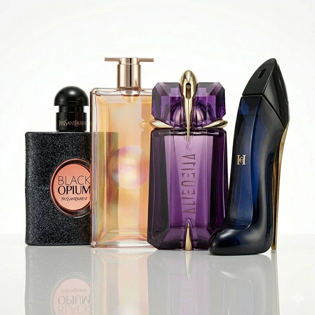 Set de 4 parfumuri | YSL Black Opium, Lancôme Idôle, Mugler Alien, Carolina Herrera Good Girl.